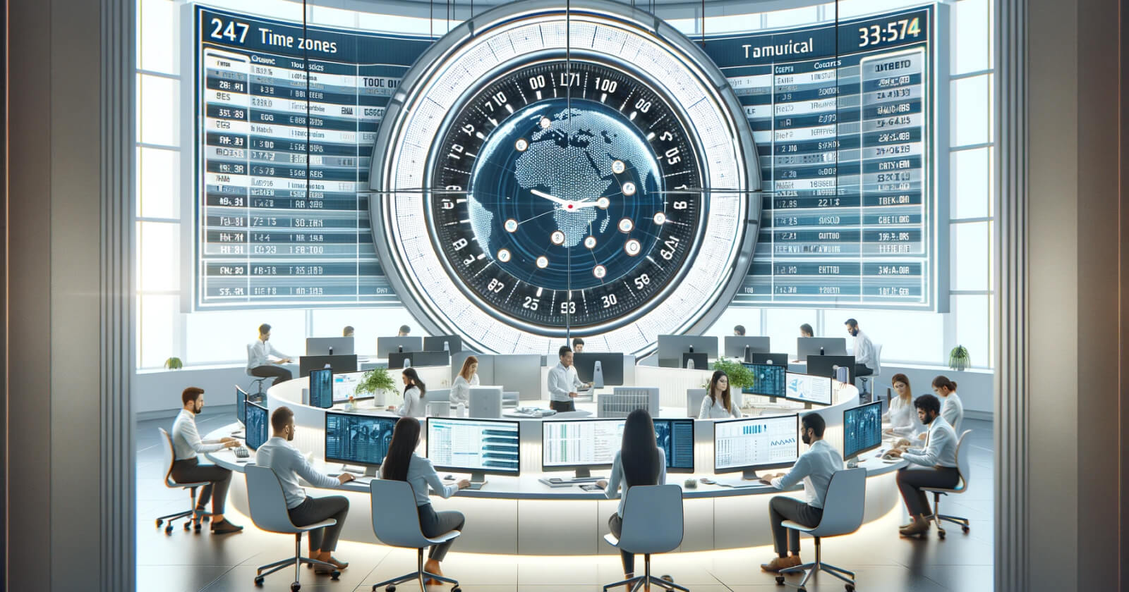 A group of people working at their desk surrounding a clock showing that they are working throughout an entire day