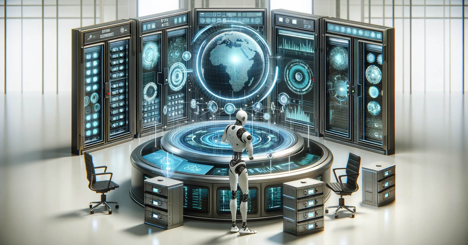 an AI robot patrolling a data center server room